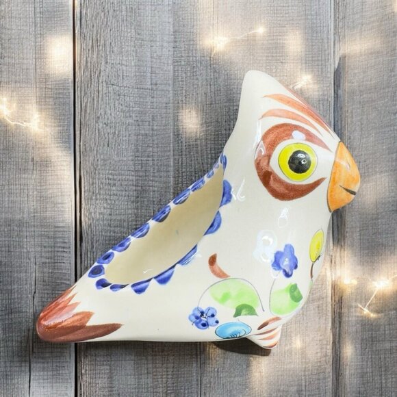 Mexican Pottery Hand Painted Bird Shaped Planter Flower Pot Small Dish Bowl VTG - Picture 1 of 12